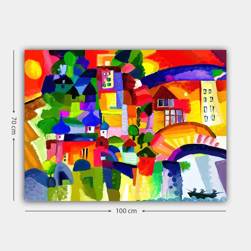 Canvastavla 70x100 cm - Färgglad stadsscen med torn och byggnader under en solig himmel - Röd / Grön / Blå - Inredning - Tavlor & konst - Canvastavlor