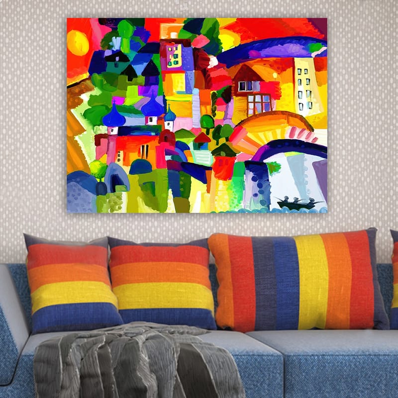 Canvastavla 70x100 cm - Färgglad stadsscen med torn och byggnader under en solig himmel - Röd / Grön / Blå - Inredning - Tavlor & konst - Canvastavlor