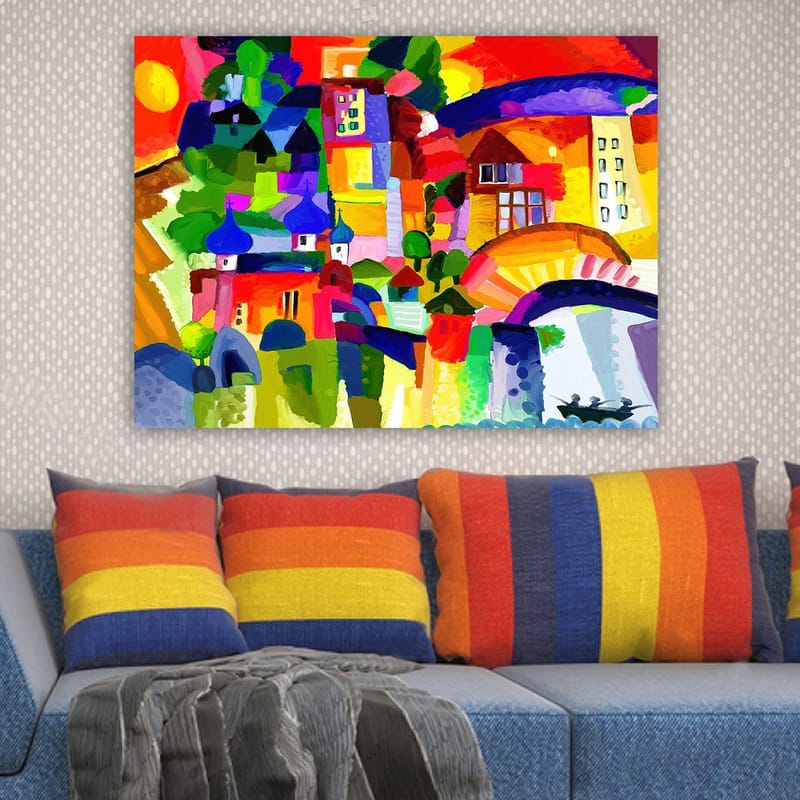 Canvastavla 70x100 cm - Färgglad stadsscen med torn och byggnader under en solig himmel - Röd / Grön / Blå - Inredning - Tavlor & konst - Canvastavlor