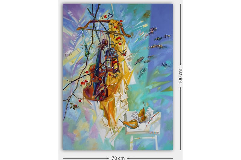 Canvastavla 70x100 cm - Färgglad stilleben med kläder hängande på en galge, omgiven av frukt och blommor - Gul / Blå / Grön - Inredning - Tavlor & konst - Canvastavlor