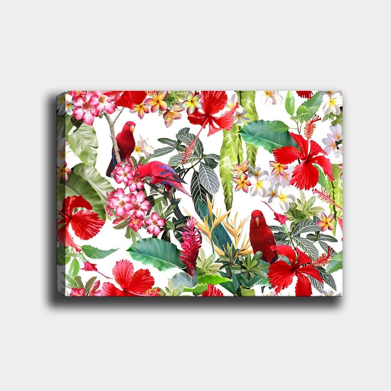 Canvastavla 70x100 cm - Färgglad tropisk flora med röda papegojor och blommor, Röd / Grön / Rosa