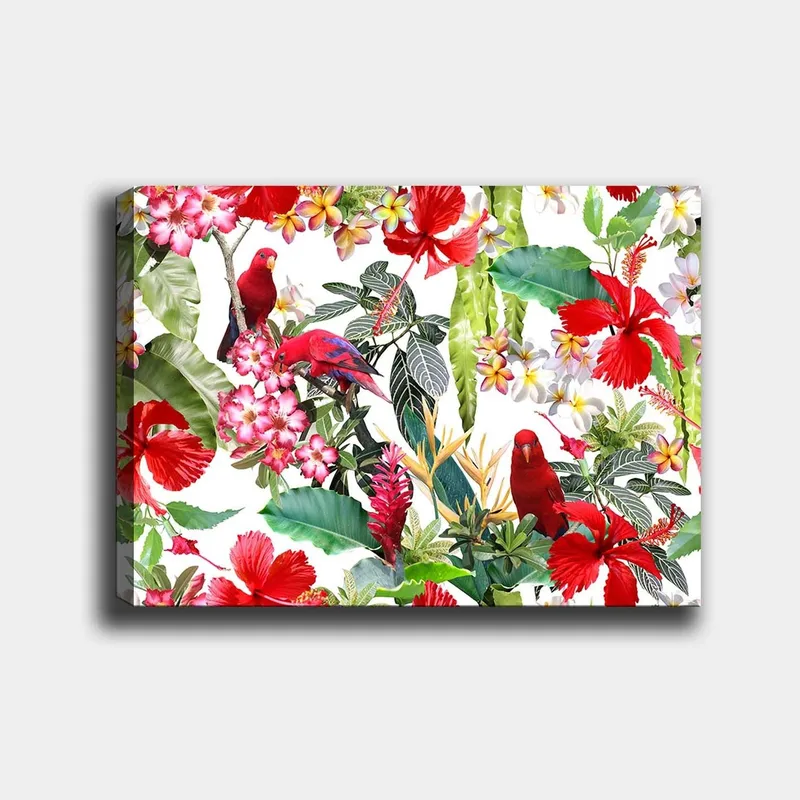 Canvastavla 70x100 cm - Färgglad tropisk flora med röda papegojor och blommor, Röd / Grön / Rosa