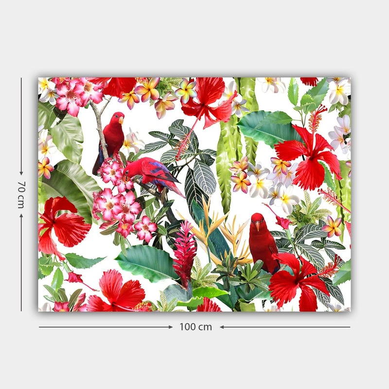 Canvastavla 70x100 cm - Färgglad tropisk flora med röda papegojor och blommor - Röd / Grön / Rosa - Inredning - Tavlor & konst - Canvastavlor