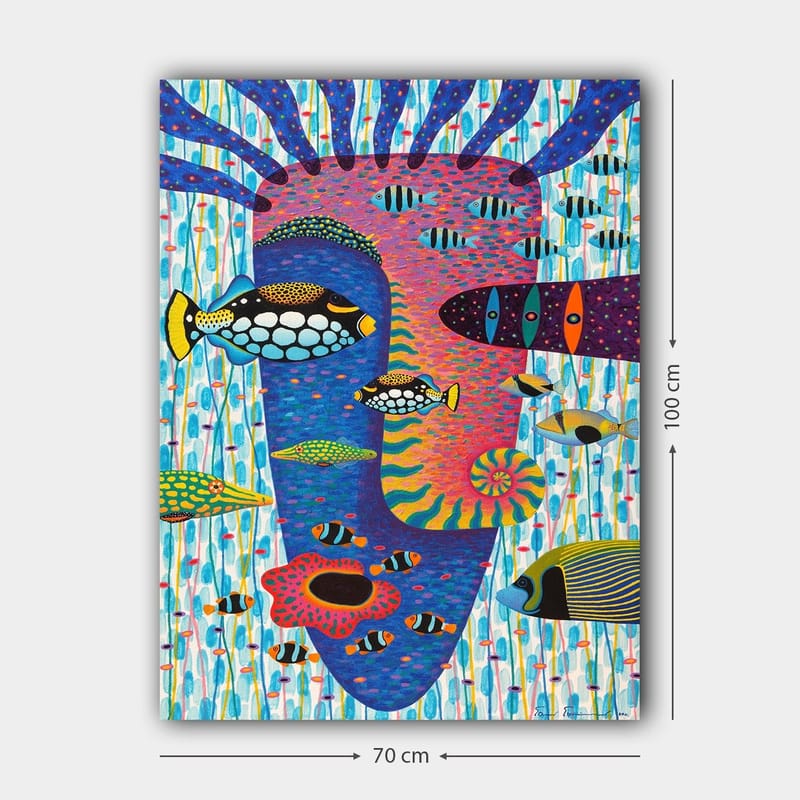 Canvastavla 70x100 cm - Färgglad undervattensscen med olika fiskar och ett ansiktsmotiv i bakgrunden - Blå / Rosa / Gul - Inredning - Tavlor & konst - Canvastavlor