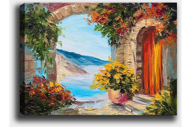 Canvastavla 70x100 cm - Färgglad utsikt genom en båge med blommor och hav i bakgrunden - Blå / Orange / Grön - Inredning - Tavlor & konst - Canvastavlor