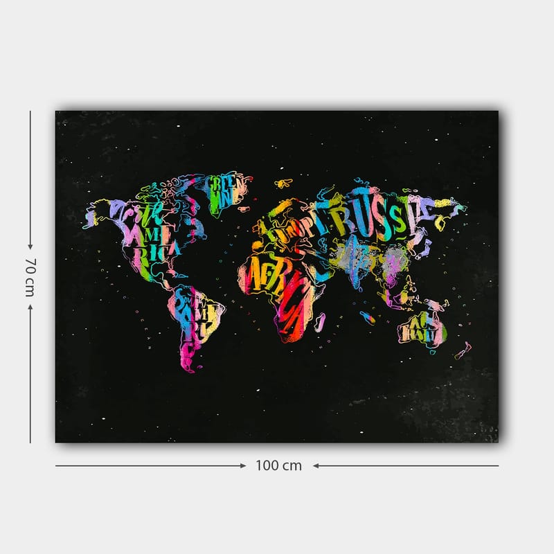Canvastavla 70x100 cm - Färgglad världskarta skapad av text och symboler som representerar olika länder - Lila / Röd / Grön - Inredning - Tavlor & konst - Canvastavlor