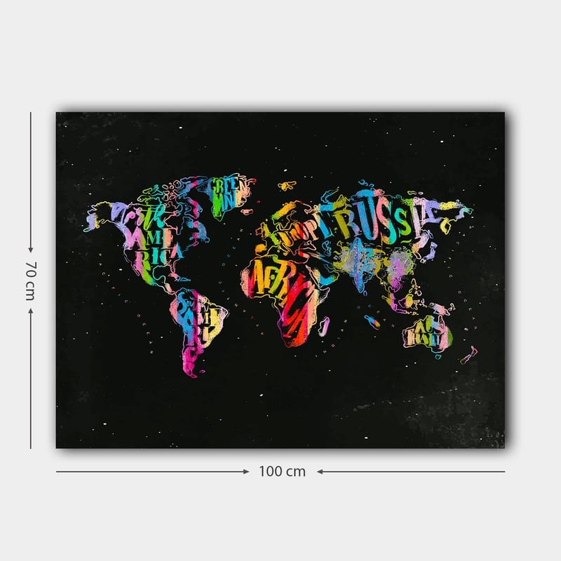 Canvastavla 70x100 cm - Färgglad världskarta skapad av text och symboler som representerar olika länder - Lila / Röd / Grön - Inredning - Tavlor & konst - Canvastavlor