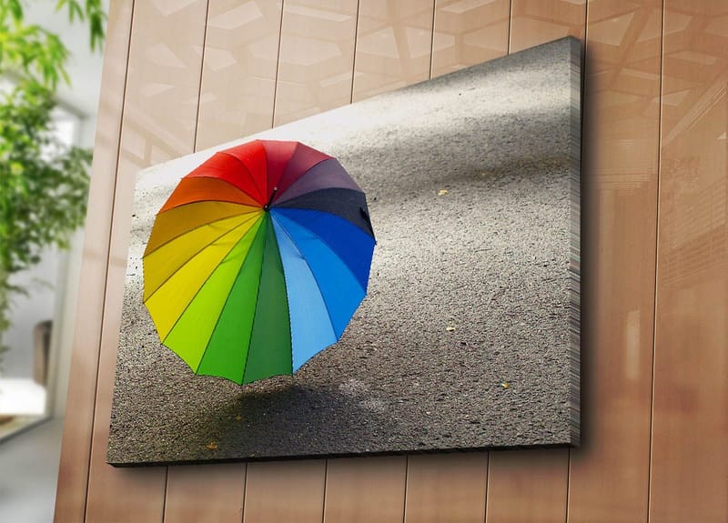 Canvastavla 70x100 cm - Färgglad paraply som står på en grå yta - Röd / Grön / Blå - Inredning - Tavlor & konst - Canvastavlor