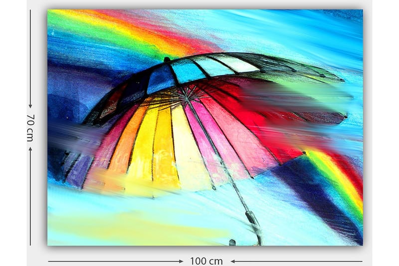 Canvastavla 70x100 cm - Färgglad paraply med regnbåge i bakgrunden - Röd / Gul / Blå - Inredning - Tavlor & konst - Canvastavlor