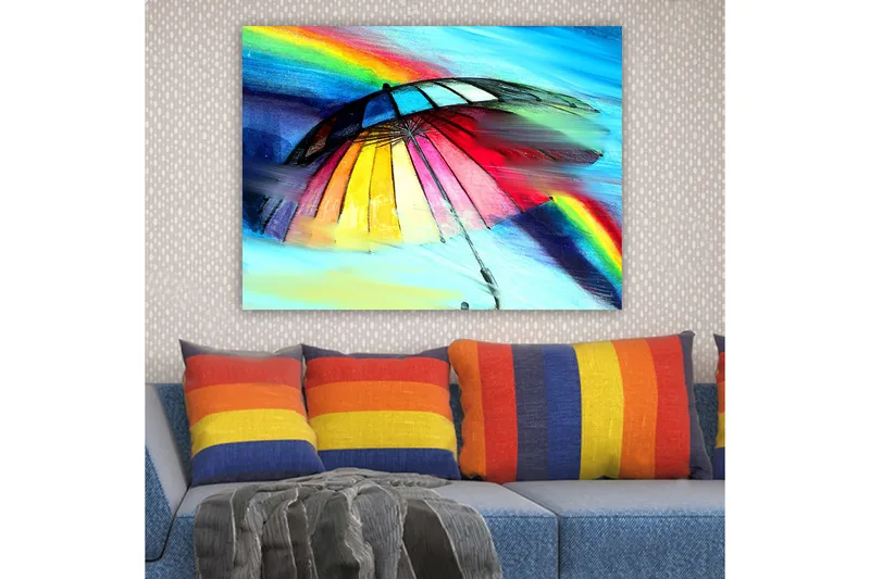 Canvastavla 70x100 cm - Färgglad paraply med regnbåge i bakgrunden - Röd / Gul / Blå - Inredning - Tavlor & konst - Canvastavlor