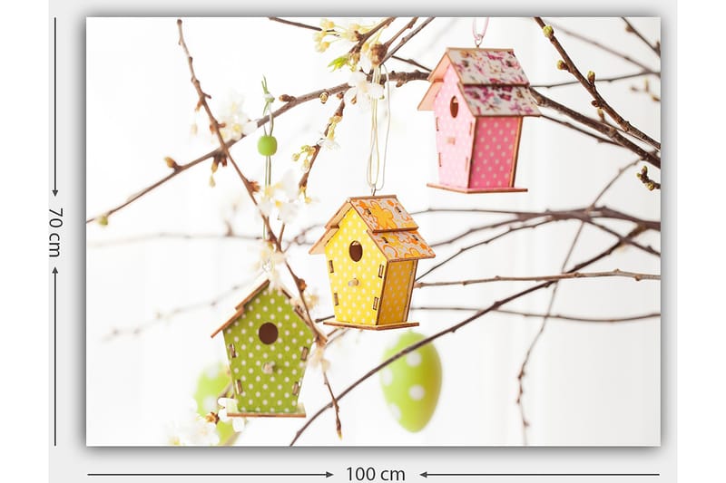 Canvastavla 70x100 cm - Färgglada fågelholkar hängande i grenar med blommor - Grön / Gul / Rosa - Inredning - Tavlor & konst - Canvastavlor