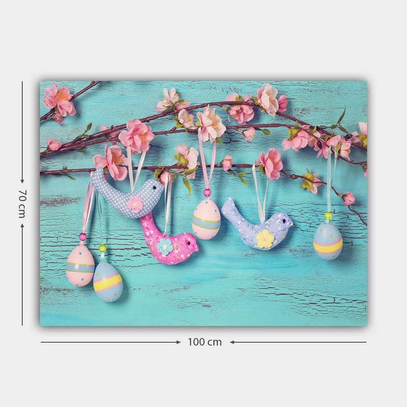 Canvastavla 70x100 cm - Färgglada fåglar och ägg hängande på en gren med blommor - Blå / Rosa / Grön - Inredning - Tavlor & konst - Canvastavlor