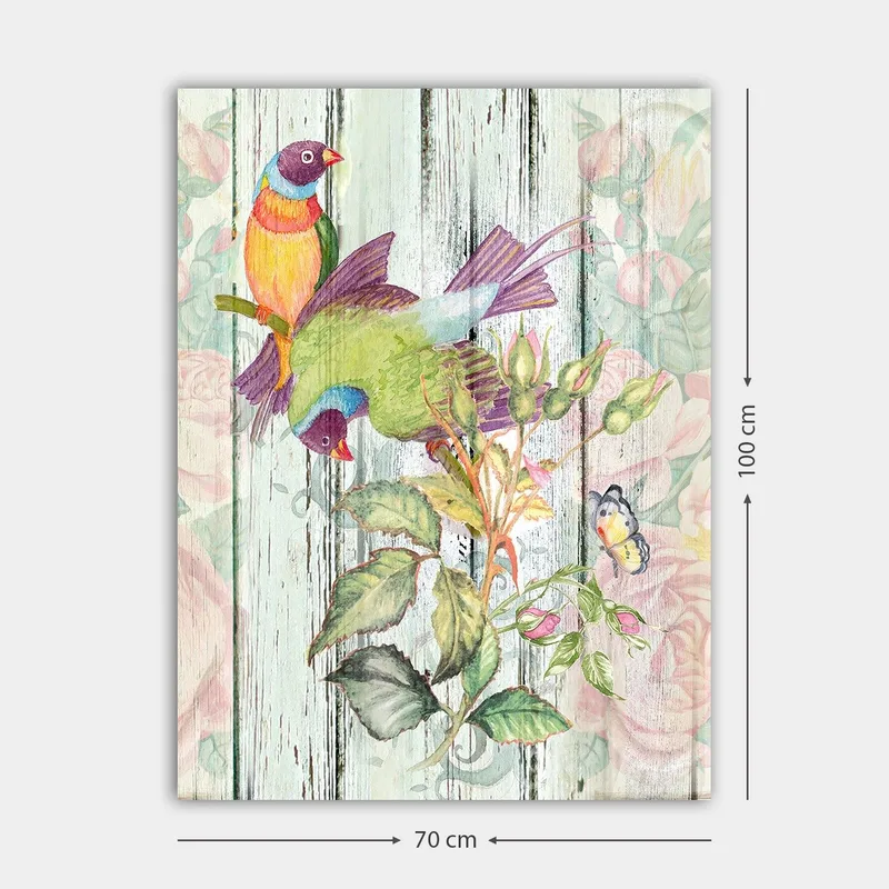 Canvastavla 70x100 cm - Färgglada fåglar som sitter på en blomstrande gren - Grön / Blå / Orange - Inredning - Tavlor & konst - Canvastavlor