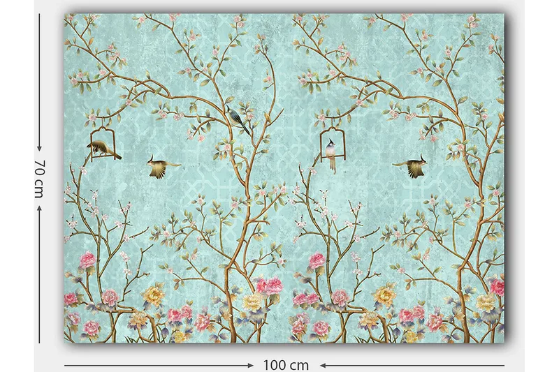 Canvastavla 70x100 cm - Färgglada fåglar som sitter på grenar med blommor mot en ljusblå bakgrund - Ljusblå / Rosa / Brun - Inredning - Tavlor & konst - Canvastavlor