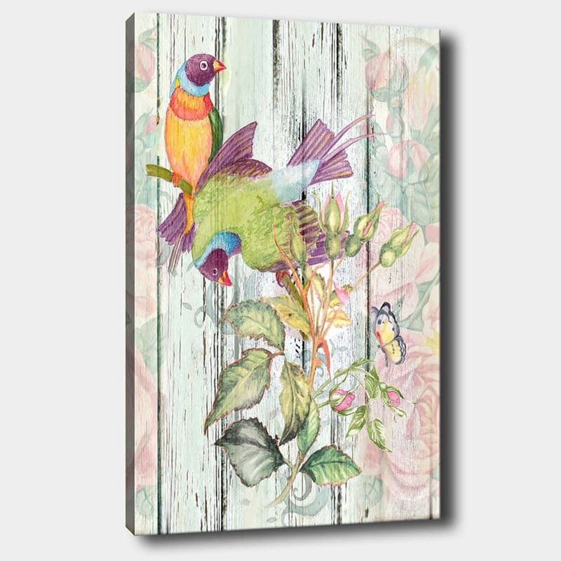 Canvastavla 70x100 cm - Färgglada fåglar som sitter på en blomstrande gren - Grön / Blå / Orange - Inredning - Tavlor & konst - Canvastavlor