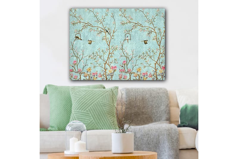 Canvastavla 70x100 cm - Färgglada fåglar som sitter på grenar med blommor mot en ljusblå bakgrund - Ljusblå / Rosa / Brun - Inredning - Tavlor & konst - Canvastavlor