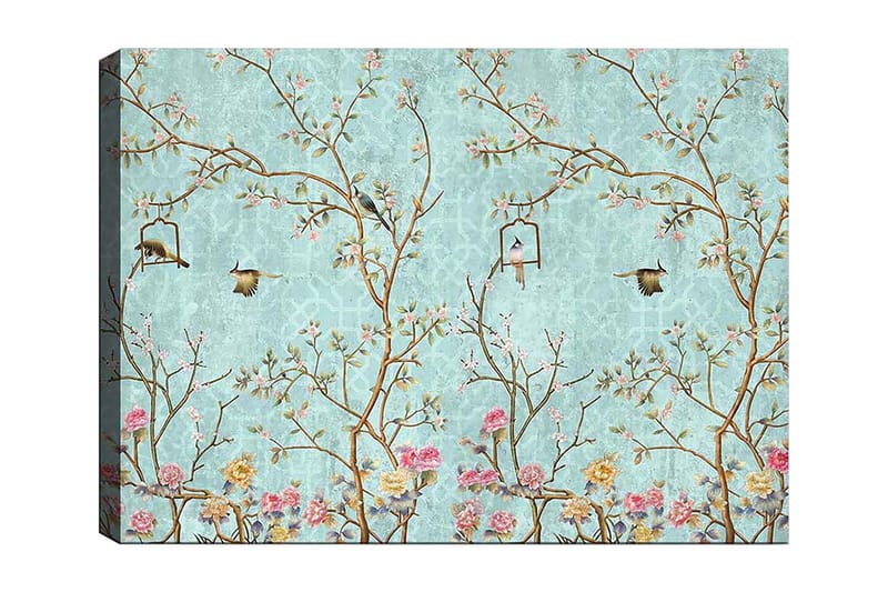 Canvastavla 70x100 cm - Färgglada fåglar som sitter på grenar med blommor mot en ljusblå bakgrund, Ljusblå / Rosa / Brun