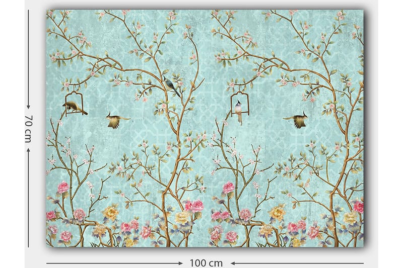 Canvastavla 70x100 cm - Färgglada fåglar som sitter på grenar med blommor mot en ljusblå bakgrund - Ljusblå / Rosa / Brun - Inredning - Tavlor & konst - Canvastavlor