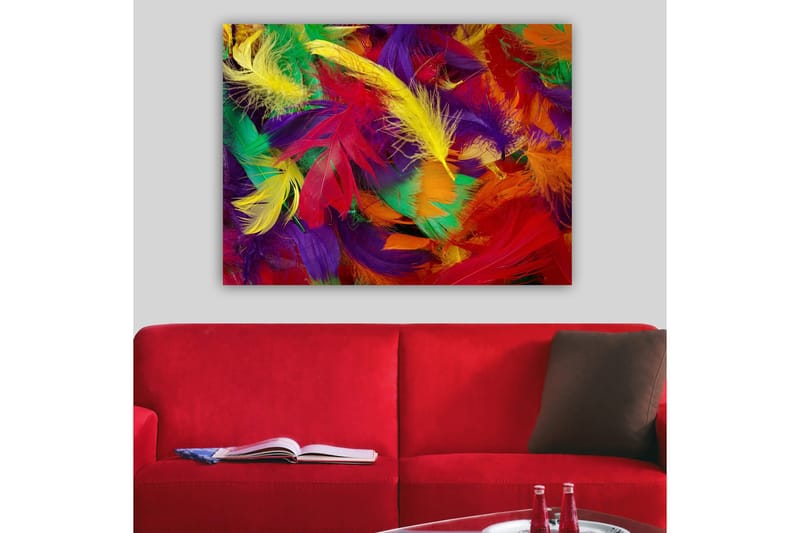 Canvastavla 70x100 cm - Färgglada fjädrar i en livlig sammansättning - Röd / Gul / Grön - Inredning - Tavlor & konst - Canvastavlor