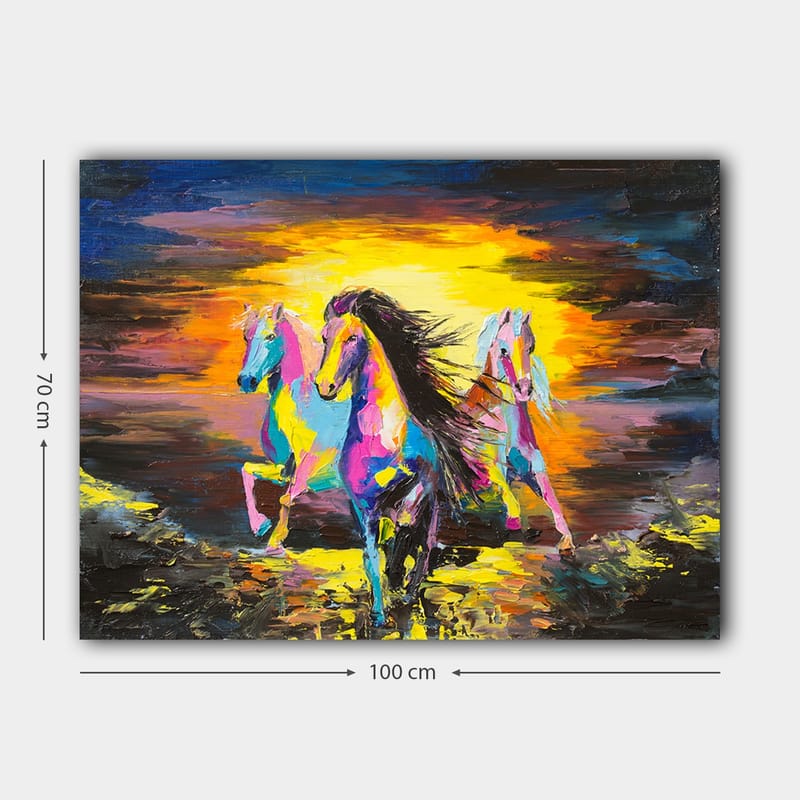 Canvastavla 70x100 cm - Färgglada hästar som galopperar mot en ljus bakgrund - Rosa / Gul / Blå - Inredning - Tavlor & konst - Canvastavlor