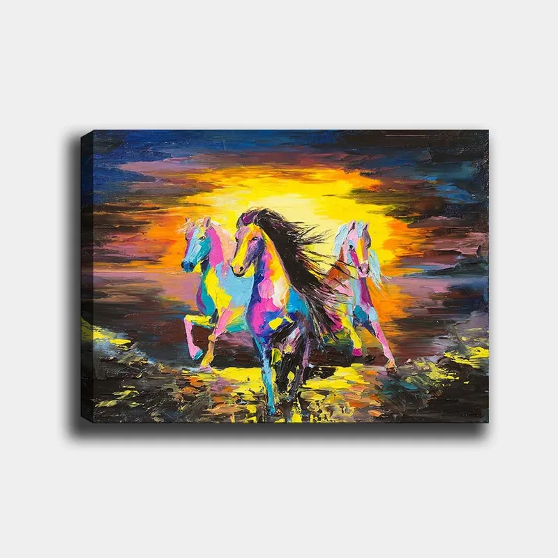 Canvastavla 70x100 cm - Färgglada hästar som galopperar mot en ljus bakgrund, Rosa / Gul / Blå
