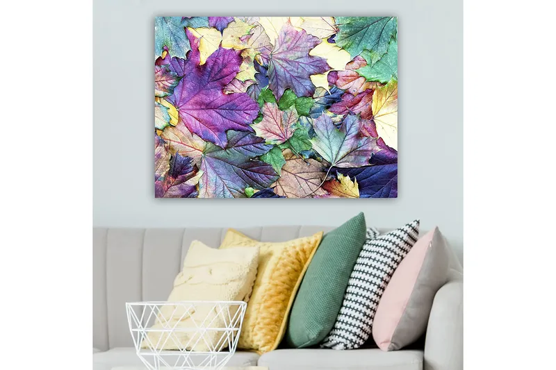 Canvastavla 70x100 cm - Färgglada höstlöv i en harmonisk komposition - Lila / Grön / Gul - Inredning - Tavlor & konst - Canvastavlor