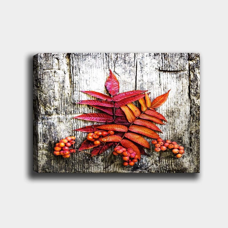 Canvastavla 70x100 cm - Färgglada höstlöv och bär på en träyta, Röd / Orange / Gul