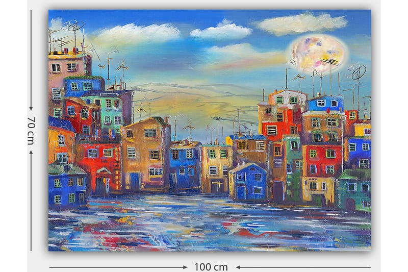 Canvastavla 70x100 cm - Färgglada hus i en stadsmiljö under en klar himmel med en stor måne - Blå / Röd / Gul - Inredning - Tavlor & konst - Canvastavlor