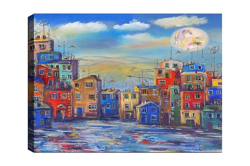 Canvastavla 70x100 cm - Färgglada hus i en stadsmiljö under en klar himmel med en stor måne, Blå / Röd / Gul