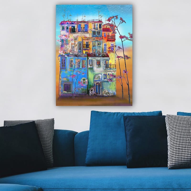 Canvastavla 70x100 cm - Färgglada hus i en urban miljö med blommande träd i förgrunden - Blå / Grön / Orange - Inredning - Tavlor & konst - Canvastavlor