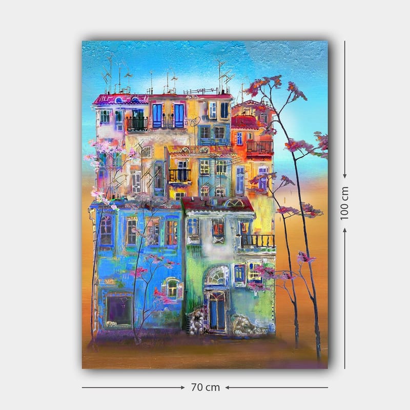 Canvastavla 70x100 cm - Färgglada hus i en urban miljö med blommande träd i förgrunden - Blå / Grön / Orange - Inredning - Tavlor & konst - Canvastavlor
