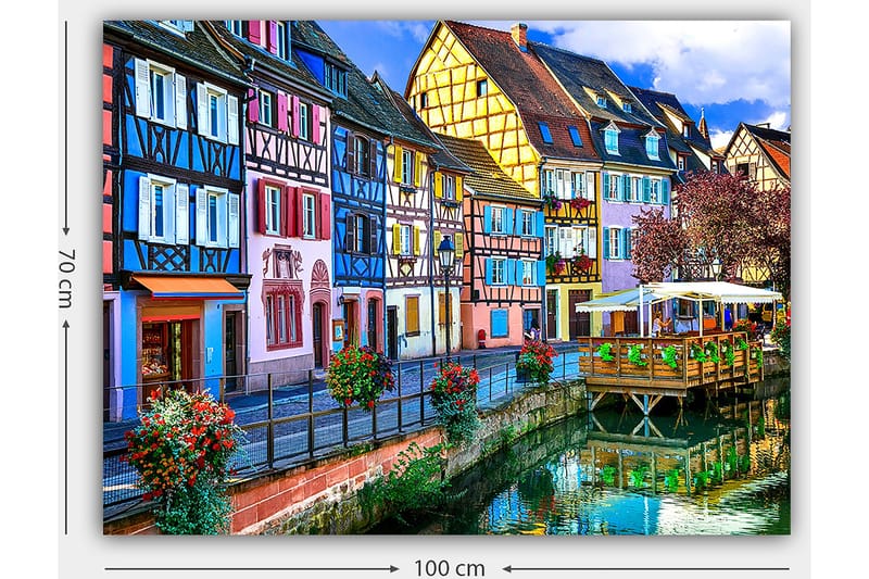 Canvastavla 70x100 cm - Färgglada hus längs en kanal i en pittoresk stadsmiljö - Blå / Rosa / Gul - Inredning - Tavlor & konst - Canvastavlor