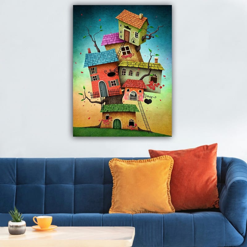 Canvastavla 70x100 cm - Färgglada hus som växer ur ett träd i en fantasifull och lekfull komposition - Röd / Grön / Blå - Inredning - Tavlor & konst - Canvastavlor