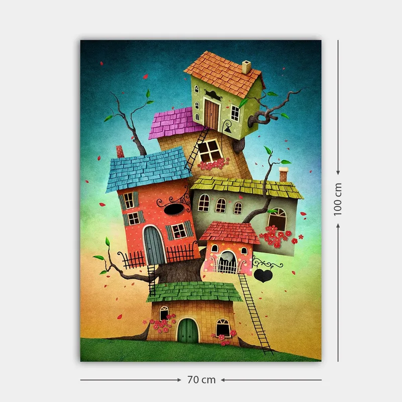 Canvastavla 70x100 cm - Färgglada hus som växer ur ett träd i en fantasifull och lekfull komposition - Röd / Grön / Blå - Inredning - Tavlor & konst - Canvastavlor