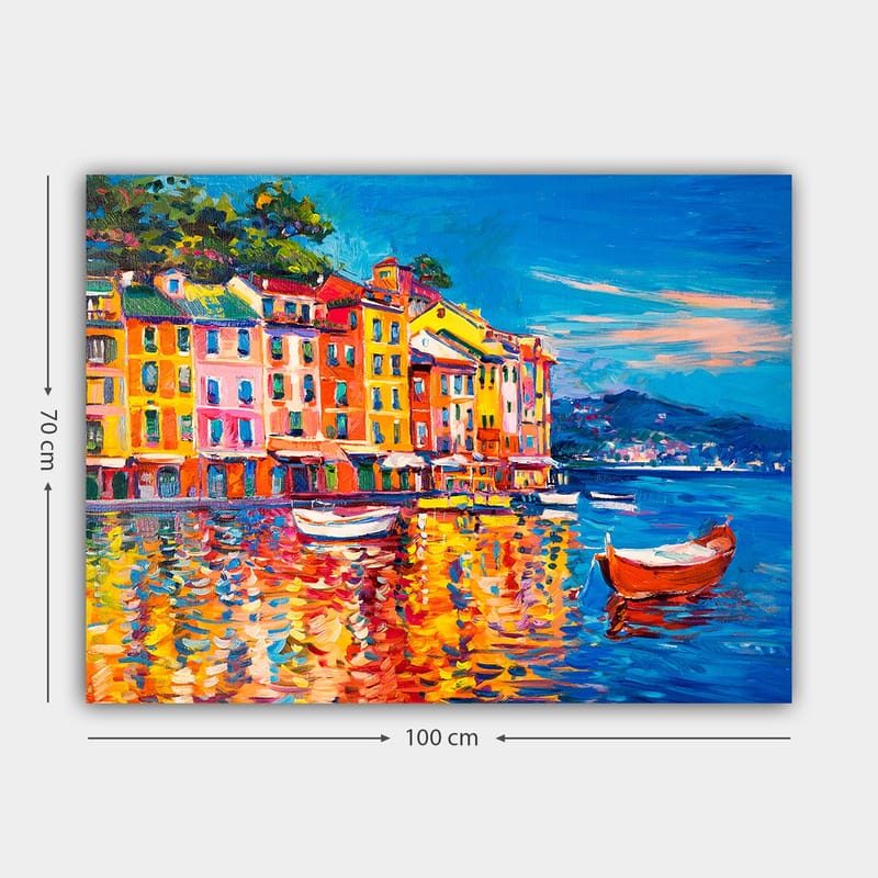 Canvastavla 70x100 cm - Färgglada hus vid en hamn med båtar som speglas i vattnet - Blå / Orange / Gul - Inredning - Tavlor & konst - Canvastavlor