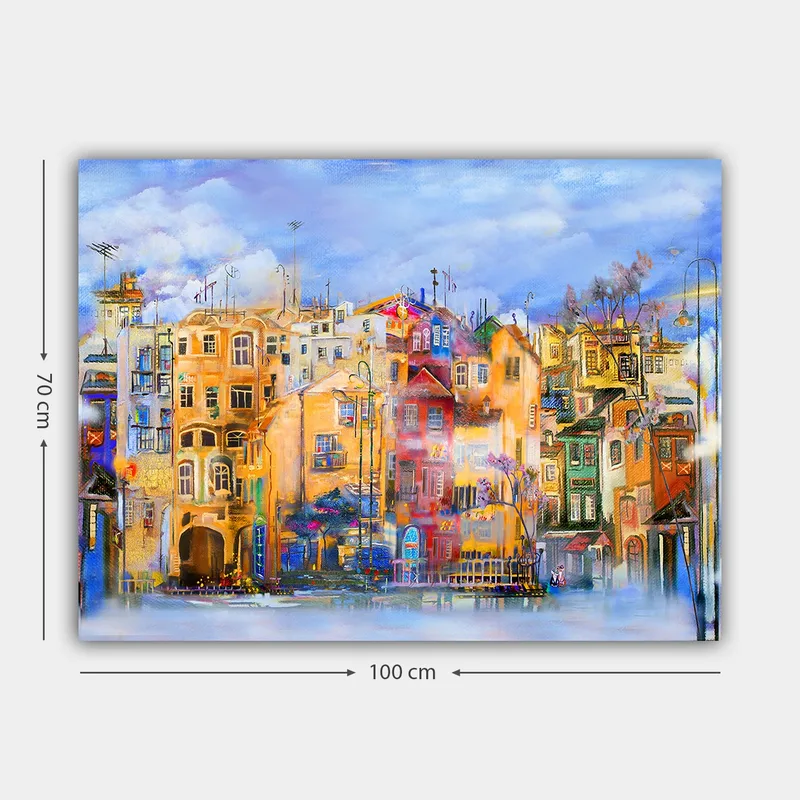 Canvastavla 70x100 cm - Färgglada hus vid en vattenkant i en livlig stadsmiljö - Gult / Rött / Blått - Inredning - Tavlor & konst - Canvastavlor