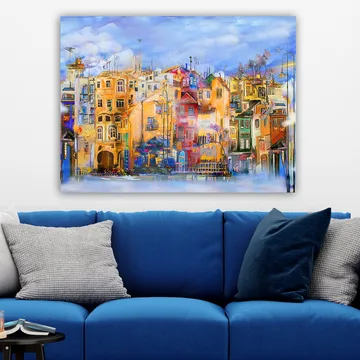 Canvastavla 70x100 cm - Färgglada hus vid en vattenkant i en livlig stadsmiljö - Gult / Rött / Blått - Inredning - Tavlor & konst - Canvastavlor