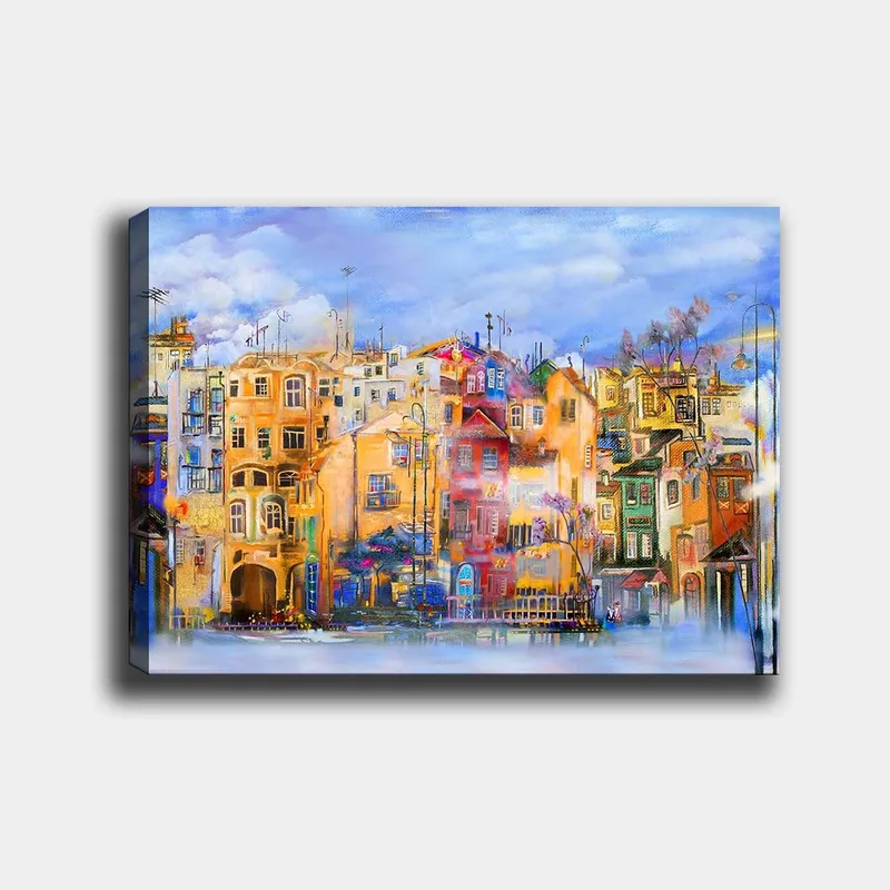 Canvastavla 70x100 cm - Färgglada hus vid en vattenkant i en livlig stadsmiljö, Gult / Rött / Blått