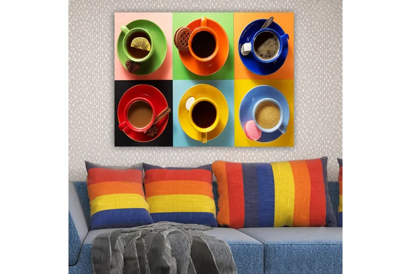Canvastavla 70x100 cm - Färgglada kaffekoppar arrangerade i ett rutmönster med olika drycker och tillbehör - Grön / Röd / Blå - Inredning - Tavlor & konst - Canvastavlor