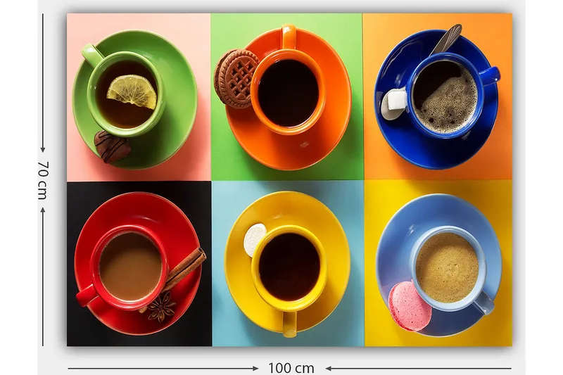 Canvastavla 70x100 cm - Färgglada kaffekoppar arrangerade i ett rutmönster med olika drycker och tillbehör - Grön / Röd / Blå - Inredning - Tavlor & konst - Canvastavlor