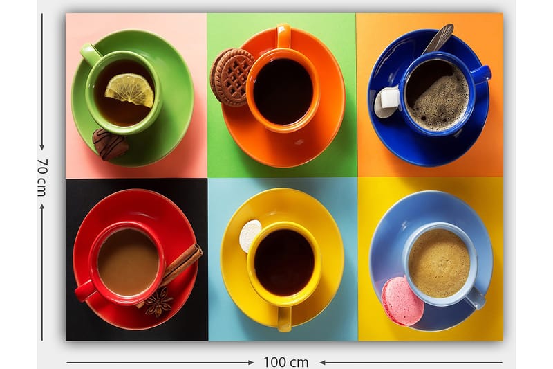 Canvastavla 70x100 cm - Färgglada kaffekoppar arrangerade i ett rutmönster med olika drycker och tillbehör - Grön / Röd / Blå - Inredning - Tavlor & konst - Canvastavlor