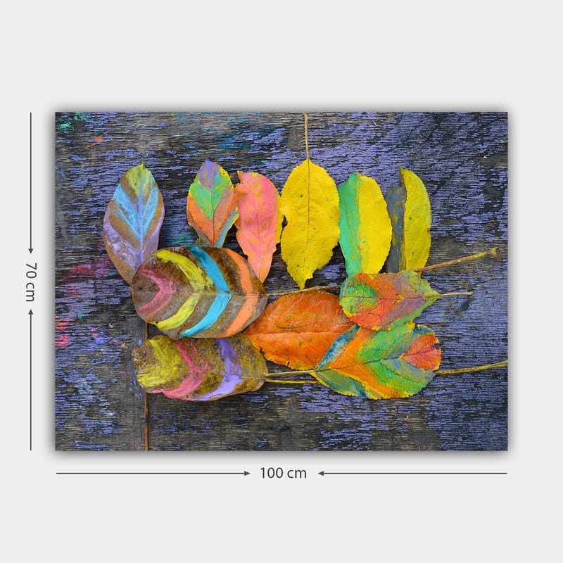 Canvastavla 70x100 cm - Färgglada löv arrangerade på en mörk bakgrund - Gul / Orange / Grön - Inredning - Tavlor & konst - Canvastavlor