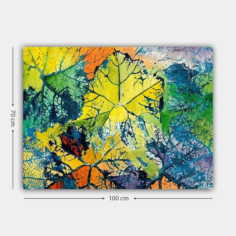 Canvastavla 70x100 cm - Färgglada löv i olika nyanser som skapar en livfull och abstrakt komposition - Gul / Grön / Orange - Inredning - Tavlor & konst - Canvastavlor