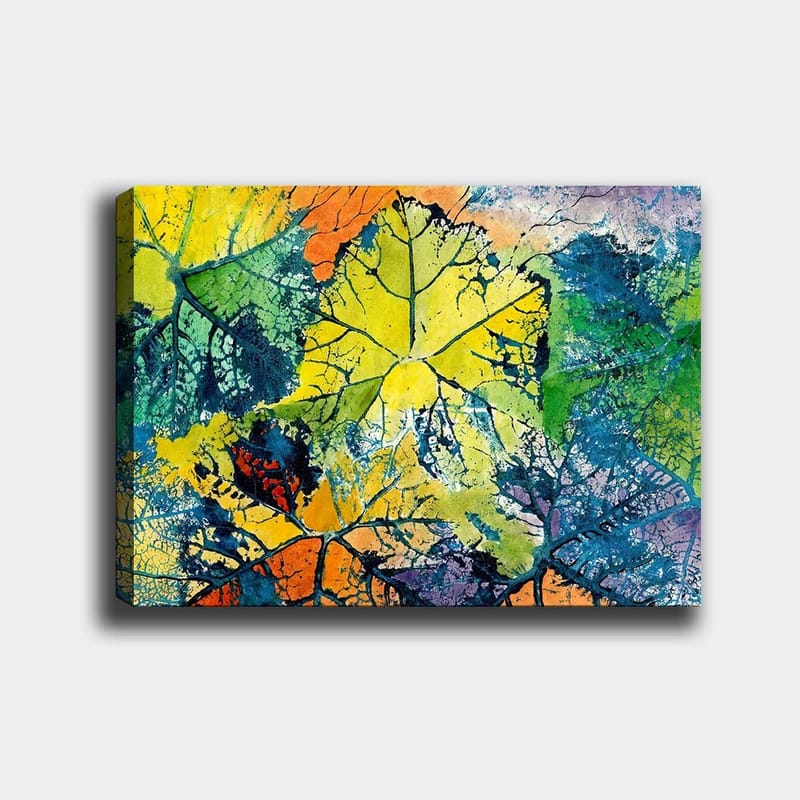 Canvastavla 70x100 cm - Färgglada löv i olika nyanser som skapar en livfull och abstrakt komposition, Gul / Grön / Orange