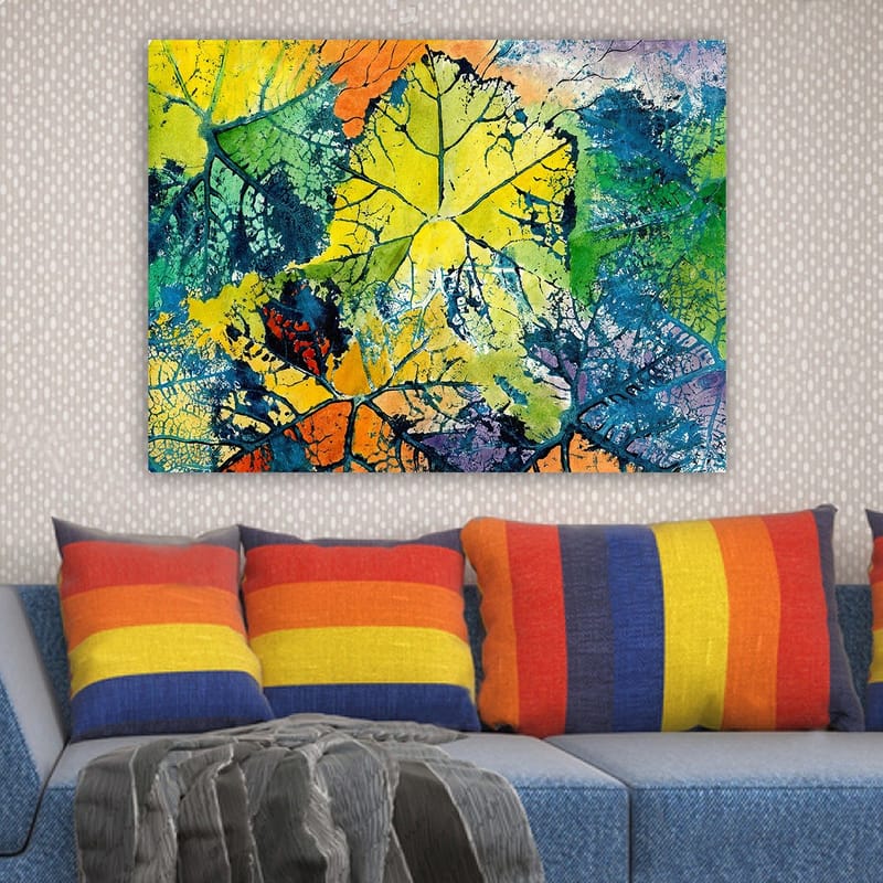 Canvastavla 70x100 cm - Färgglada löv i olika nyanser som skapar en livfull och abstrakt komposition - Gul / Grön / Orange - Inredning - Tavlor & konst - Canvastavlor