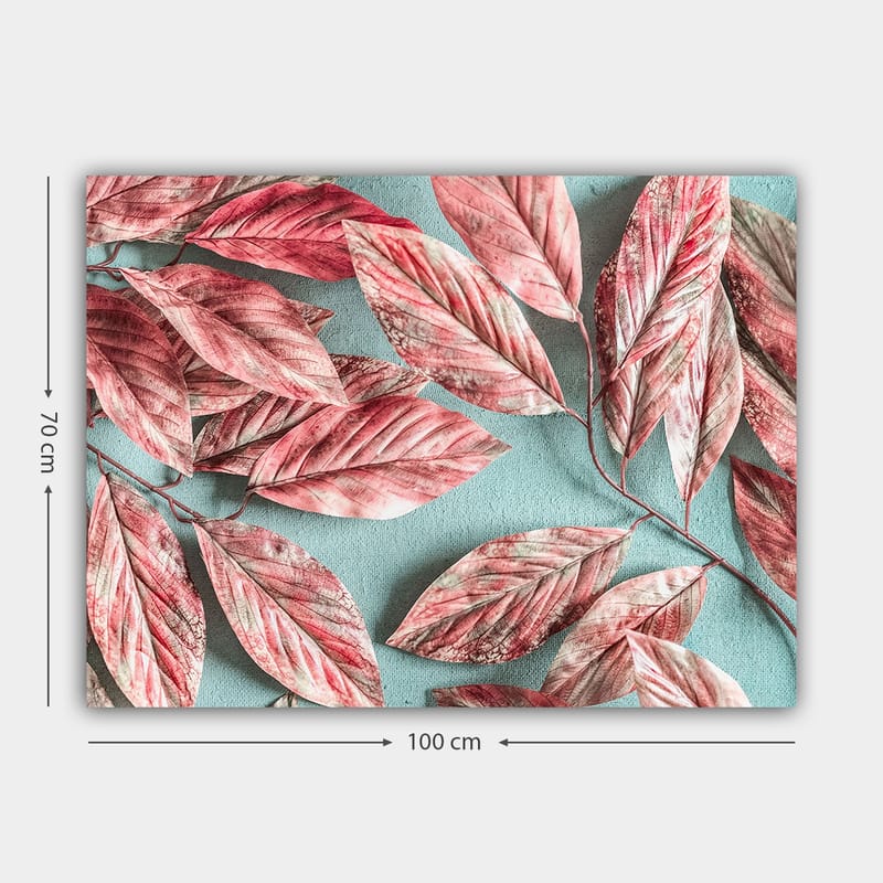 Canvastavla 70x100 cm - Färgglada löv i rosa och röd nyans mot en ljusblå bakgrund - Rosa / Ljusblå - Inredning - Tavlor & konst - Canvastavlor