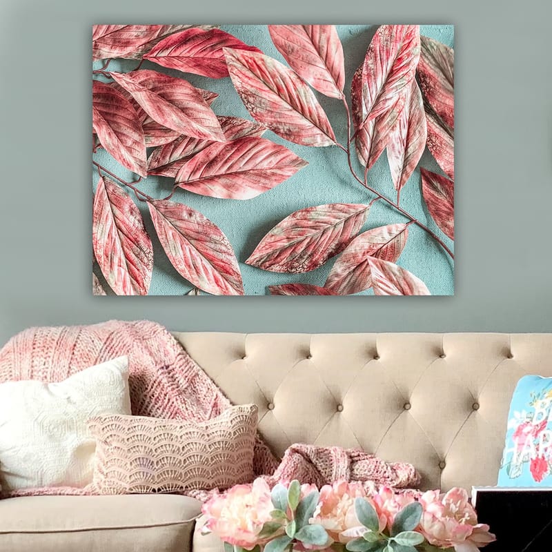 Canvastavla 70x100 cm - Färgglada löv i rosa och röd nyans mot en ljusblå bakgrund - Rosa / Ljusblå - Inredning - Tavlor & konst - Canvastavlor