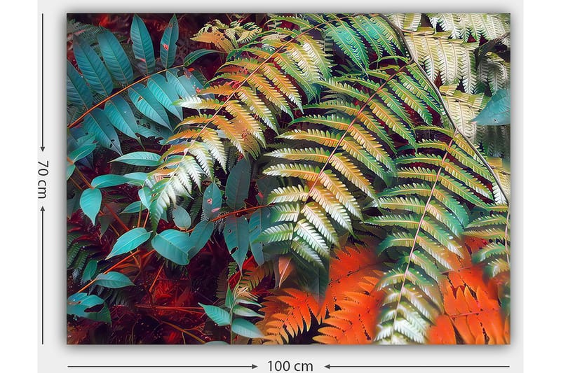 Canvastavla 70x100 cm - Färgglada ormbunksblad i en livlig komposition - Turkos / Grön / Orange - Inredning - Tavlor & konst - Canvastavlor