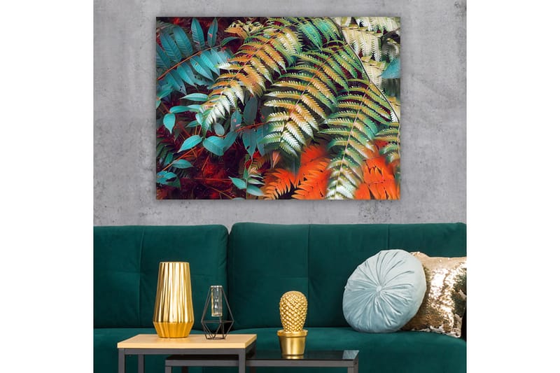 Canvastavla 70x100 cm - Färgglada ormbunksblad i en livlig komposition - Turkos / Grön / Orange - Inredning - Tavlor & konst - Canvastavlor