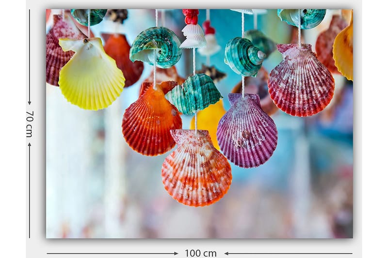 Canvastavla 70x100 cm - Färgglada snäckor hängande i en dekorativ uppsättning - Röd / Grön / Orange - Inredning - Tavlor & konst - Canvastavlor